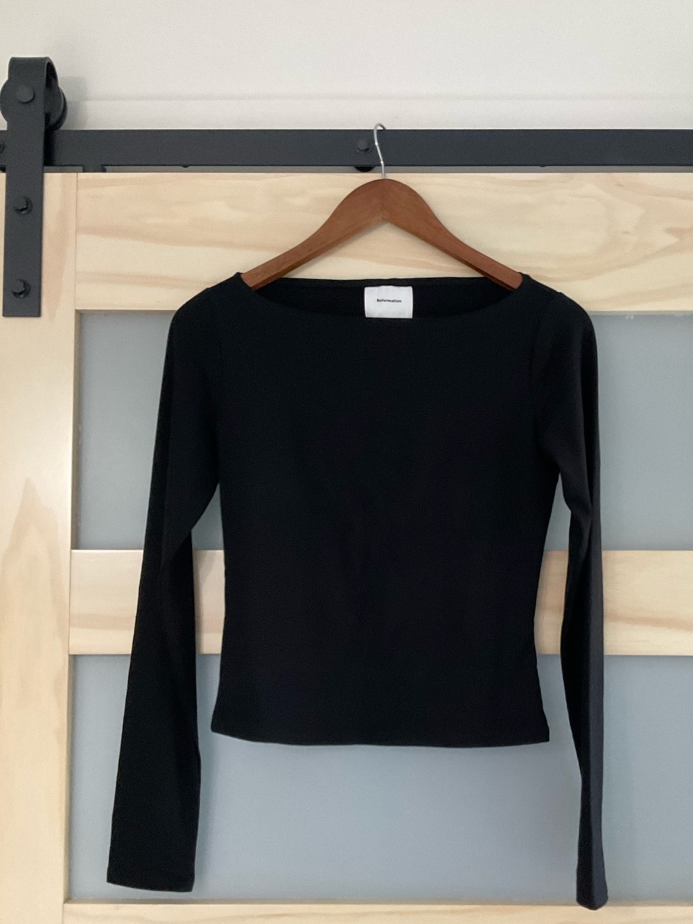 Reformation Black Tencel Long Sleeve Boat Neck Fitted Top Small